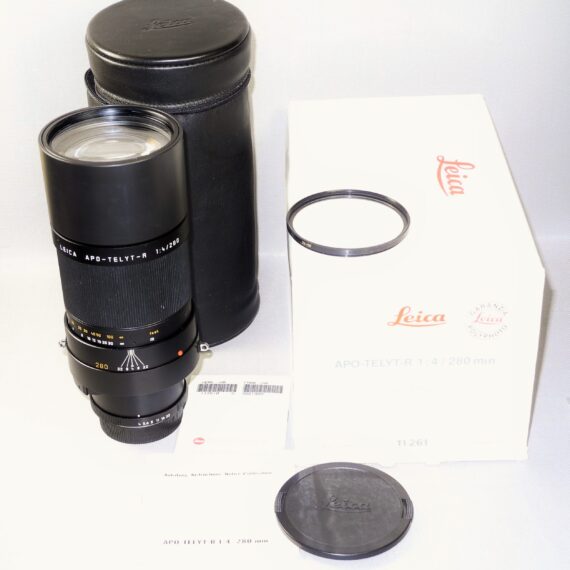Leica 280/4 APO-Telyt R lens Cat # 11261 With Leica box,Leather case,caps, E77 UVa filter Mint- (Just CLA'd) / SOLD