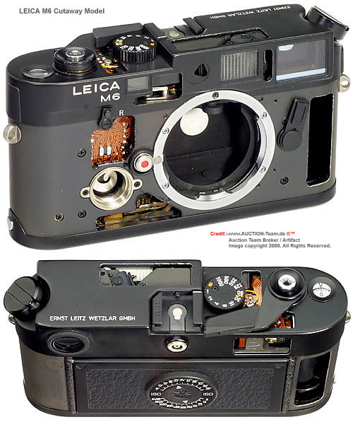 Front, top and rear view of a typical LEICA M6 cutaway see through, transparrent rangefinder camera model