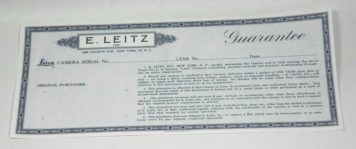 Leica E.Leitz Inc.Camera & Lens Vintage Warranty cards (blue) NEW - Rare find / Free Shipping