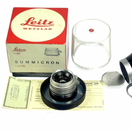 Leica 35/2 Summicron Silver Chrome 8 Elments rare lens with box,warranty cards,hood and filter Mint/-