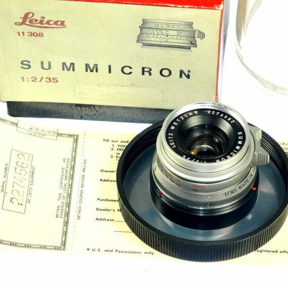 Leica 35/2 Summicron Silver Chrome 8 Elments rare lens with box,warranty cards,hood and filter Mint/-