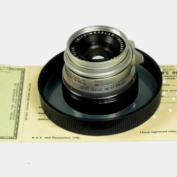 Leica 35/2 Summicron Silver Chrome 8 Elments rare lens with box,warranty cards,hood and filter Mint/-