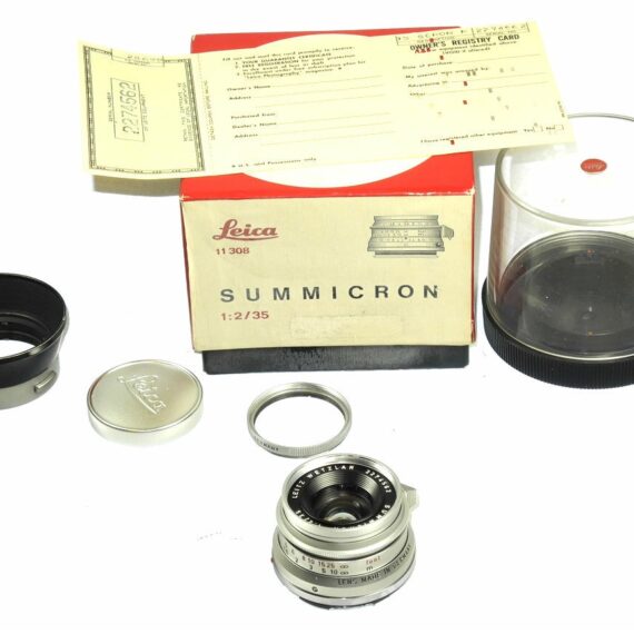 Leica 35/2 Summicron Silver Chrome 8 Elments rare lens with box,warranty cards,hood and filter Mint/-