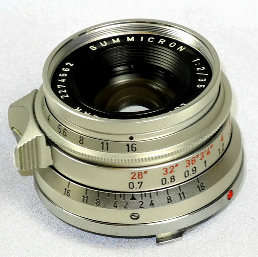 Leica 35/2 Summicron Silver Chrome 8 Elments rare lens with box,warranty cards,hood and filter Mint/-