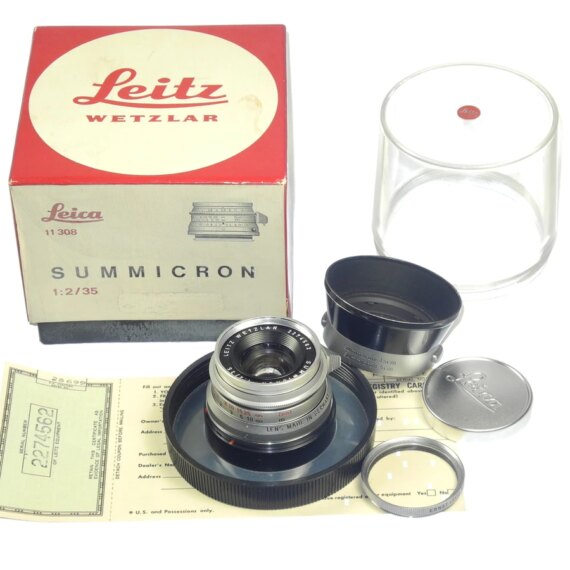 Leica 35/2 Summicron Silver Chrome 8 Elments rare lens with box,warranty cards,hood and filter Mint/-
