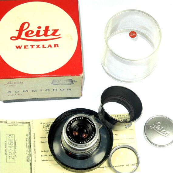 Leica 35/2 Summicron Silver Chrome 8 Elments rare lens with box,warranty cards,hood and filter Mint/-