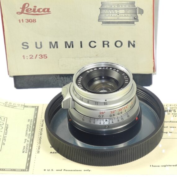 Leica 35/2 Summicron Silver Chrome 8 Elments rare lens with box,warranty cards,hood and filter Mint/-
