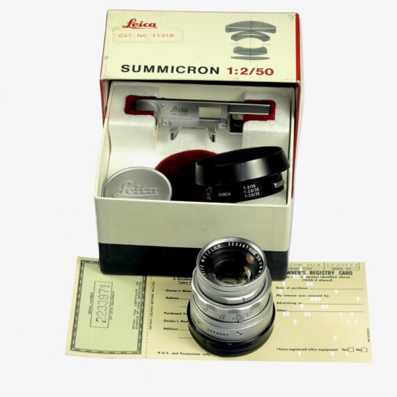 Leica 50/2 Summicron Dual Range with Box,Cards,caps, Hood Mint/- / SOLD