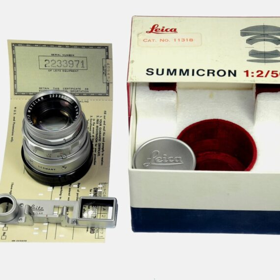 Leica 50/2 Summicron Dual Range with Box,Cards,caps, Hood Mint/- / SOLD