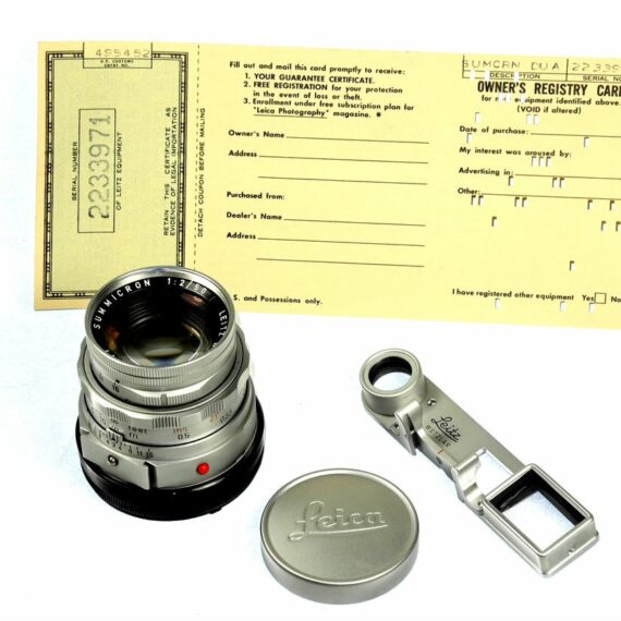 Leica 50/2 Summicron Dual Range with Box,Cards,caps, Hood Mint/- / SOLD