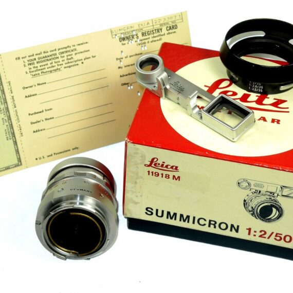 Leica 50/2 Summicron Dual Range with Box,Cards,caps, Hood Mint/- / SOLD