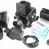 Rollei SL 66 camera with Rollei 80/2,8 planar lens, Rollei prism finder, Extra backs  in system case Ex++/Mint-