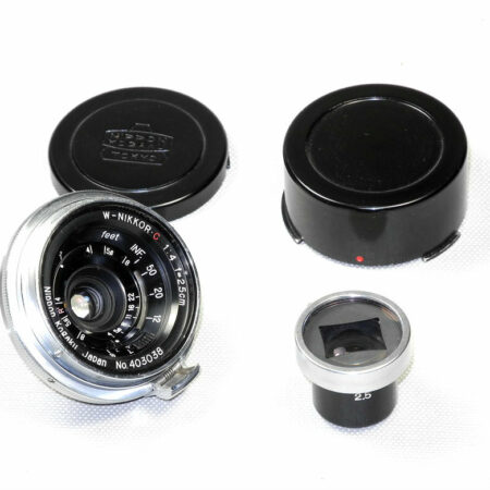 Nikon 2,5cm f4 W-Nikkor-C with Nikkor 2,5cm viewfinder with original case & caps Mint- / SOLD