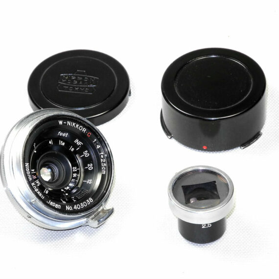 Nikon 2,5cm f4 W-Nikkor-C with Nikkor 2,5cm viewfinder with original case & caps Mint- / SOLD