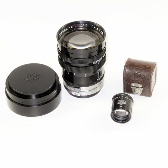 Nikon 8,5cm f1,5 Nikkor-S-C Black Rangefinder "C"lens with hood,caps & finder,case Nice Mint- /sold