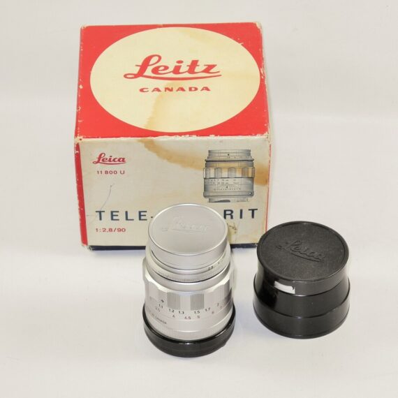 Leica 90/2,8 Tele-Elmarit  "Fat" chrome lens with filter,caps,hood,box Mint-