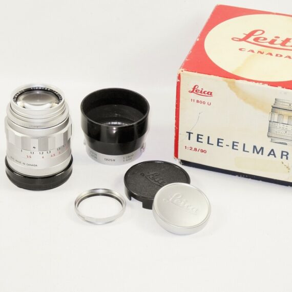 Leica 90/2,8 Tele-Elmarit  "Fat" chrome lens with filter,caps,hood,box Mint-