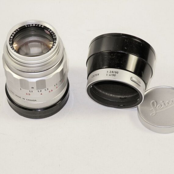 Leica 90/2,8 Tele-Elmarit  "Fat" chrome lens with filter,caps,hood,box Mint-