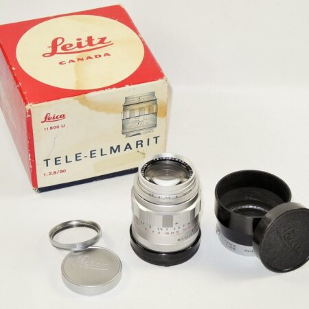 Leica 90/2,8 Tele-Elmarit  "Fat" chrome lens with filter,caps,hood,box Mint-