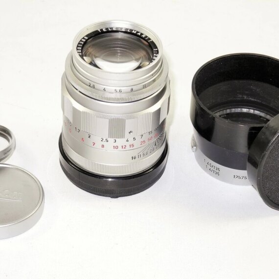 Leica 90/2,8 Tele-Elmarit  "Fat" chrome lens with filter,caps,hood,box Mint-