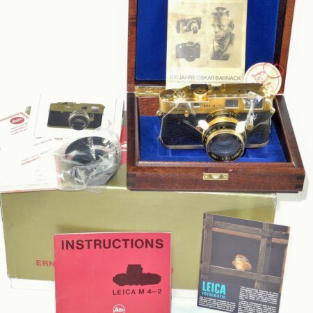 Leica M4-2 W/ Leica 50mm f:1.4 Summilux lens Gold 100 JAHRE OSKAR BARNACK Edition W/box,cards,hood,caps,LN/- SOLD