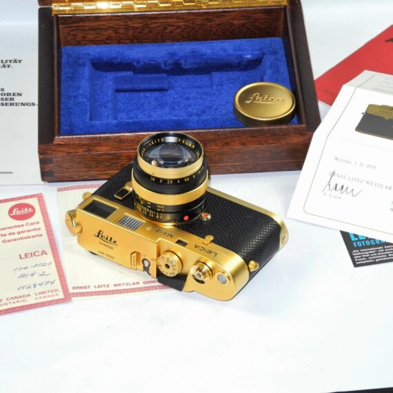 Leica M4-2 Gold 100 JAHRE OSKAR BARNACK Edition W/ Leica 50mm f:1.4 Summilux lens Set #100-0520 W/box,cards,caps, Mint- / SOLD