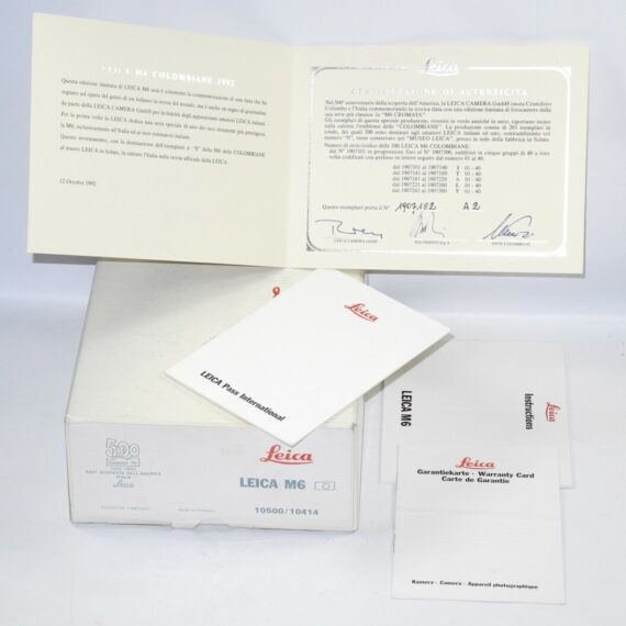 Leica M6 Colombo 1992 Special 500th Anniversary Edition rangefinder camera (only) /Box ,cards LN- / SOLD