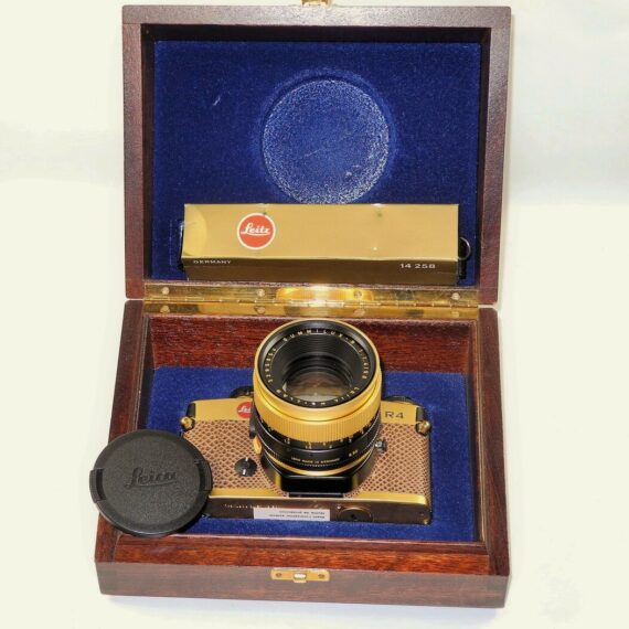 LEICA LEITZ R4 24KT GOLD camera set W/Leica 50MM SUMMILUX-R F1.4 Gold LENS, Original Box, Warranty Cards,Manuals,wood Box,Strap,Caps Mint/LN- / SOLD
