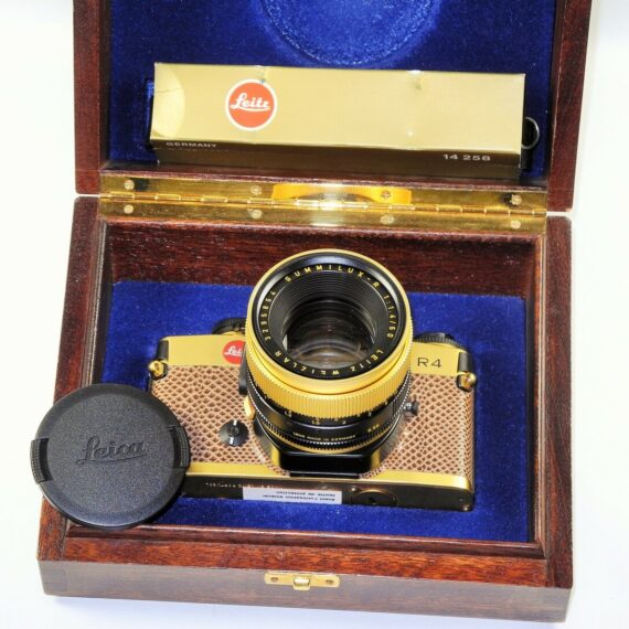LEICA LEITZ R4 24KT GOLD camera set W/Leica 50MM SUMMILUX-R F1.4 Gold LENS, Original Box, Warranty Cards,Manuals,wood Box,Strap,Caps Mint/LN- / SOLD