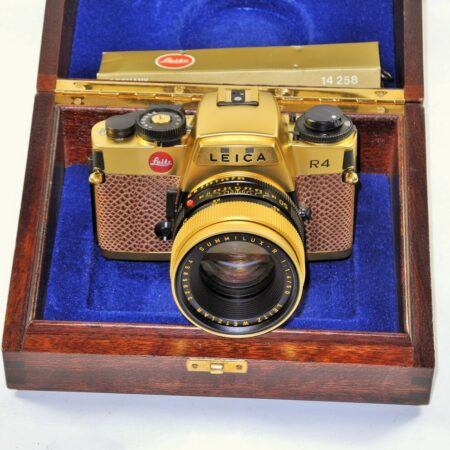 LEICA LEITZ R4 24KT GOLD camera set W/Leica 50MM SUMMILUX-R F1.4 Gold LENS, Original Box, Warranty Cards,Manuals,wood Box,Strap,Caps Mint/LN- / SOLD