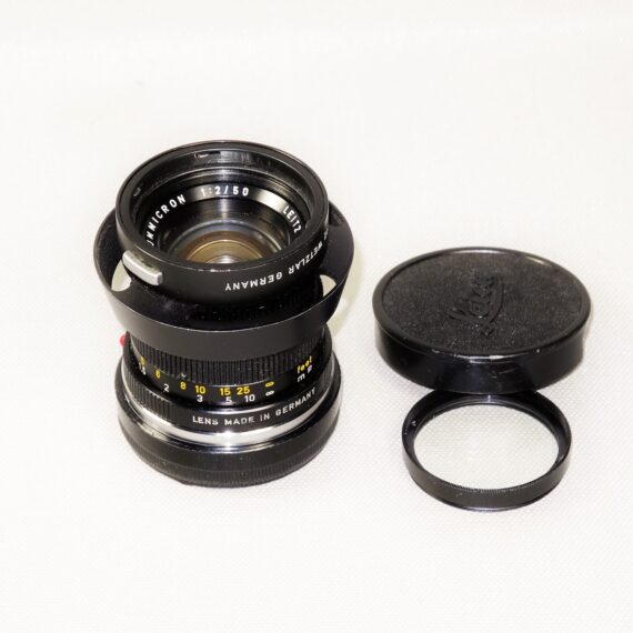 Leica 50/2 Summicron-M black lens cat #11817 (1970) Type III Sold with Leica 12585 metal hood,filter & caps Ex++/Mint-