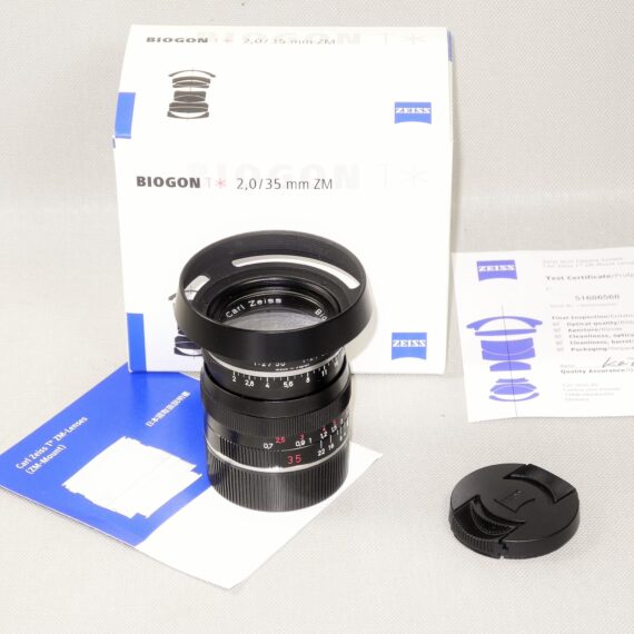 Zeiss 35/2 Biogon T* ZM Black with filter,Zeiss metal hood,caps,box,manual Mint- / Free shipping (USA)