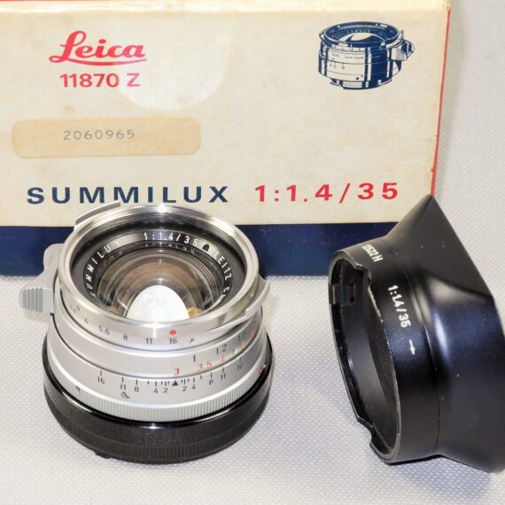 Leica 35mm f1,4 Summilux-M Silver 1st Type RARE lens W.12522 H / OLLUX black Hood Sold with Leica Original box, caps Ex++/M-