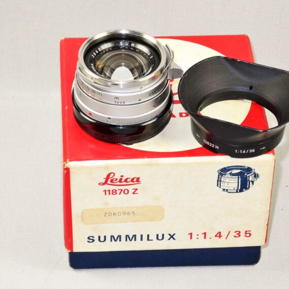 Leica 35mm f1,4 Summilux-M Silver 1st Type RARE lens W.12522 H / OLLUX black Hood Sold with Leica Original box, caps Ex++/M-