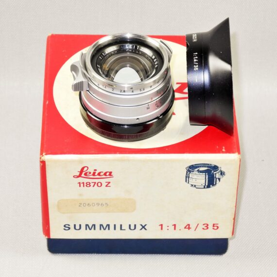 Leica 35mm f1,4 Summilux-M Silver 1st Type RARE lens W.12522 H / OLLUX black Hood Sold with Leica Original box, caps Ex++/M-