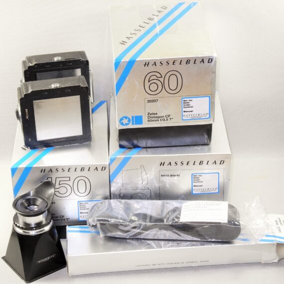 Hasselblad  503 CX black camera with 60mm,150mm CF lenses Two A12 backs,strap,Mag hood,boxes Ex++/M- / SOLD