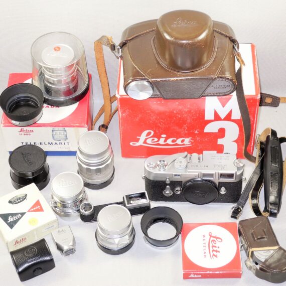 Leica M3 Single Stroke chrome late camera W/4 x Leica chrome lenses, hoods, filters, boxes, cases Nice Complete Mint- outfit / SOLD