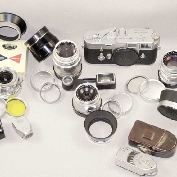 Leica M3 Single Stroke chrome late camera W/4 x Leica chrome lenses, hoods, filters, boxes, cases Nice Complete Mint- outfit / SOLD