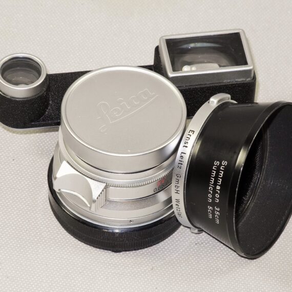Leica M3 Single Stroke chrome late camera W/4 x Leica chrome lenses, hoods, filters, boxes, cases Nice Complete Mint- outfit / SOLD