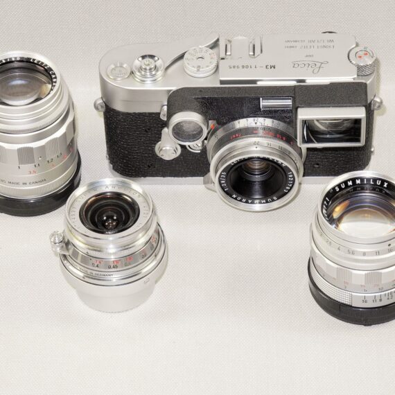 Leica M3 Single Stroke chrome late camera W/4 x Leica chrome lenses, hoods, filters, boxes, cases Nice Complete Mint- outfit / SOLD