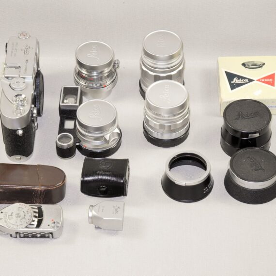 Leica M3 Single Stroke chrome late camera W/4 x Leica chrome lenses, hoods, filters, boxes, cases Nice Complete Mint- outfit / SOLD