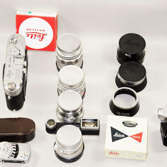 Leica M3 Single Stroke chrome late camera W/4 x Leica chrome lenses, hoods, filters, boxes, cases Nice Complete Mint- outfit / SOLD