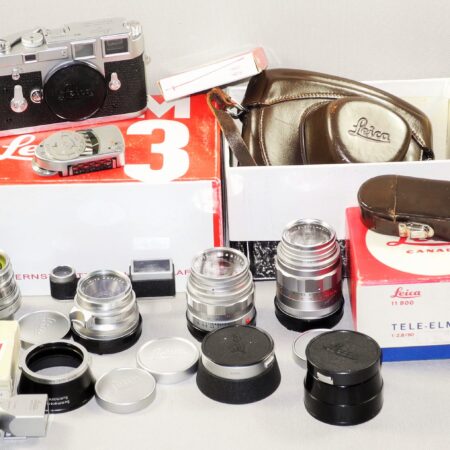 Leica M3 Single Stroke chrome late camera W/4 x Leica chrome lenses, hoods, filters, boxes, cases Nice Complete Mint- outfit / SOLD