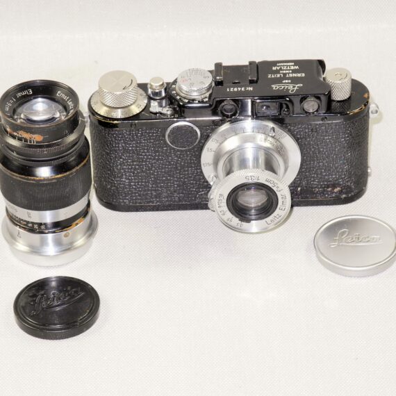 Leica I(A) Nr.34921 converted to Leica II black chrome with Leica 50mm & 90mm lenses nice Ex++ set. / Free shipping