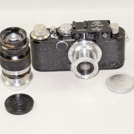 Leica I(A) Nr.34921 converted to Leica II black chrome with Leica 50mm & 90mm lenses nice Ex++ set. / Free shipping