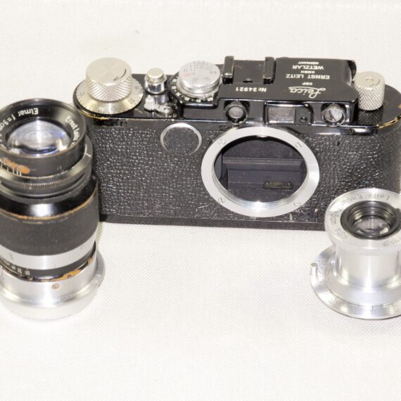 Leica I(A) Nr.34921 converted to Leica II black chrome with Leica 50mm & 90mm lenses nice Ex++ set. / Free shipping