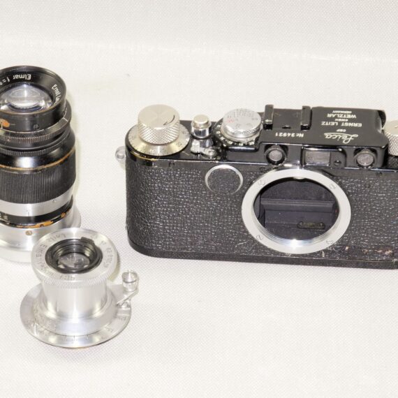 Leica I(A) Nr.34921 converted to Leica II black chrome with Leica 50mm & 90mm lenses nice Ex++ set. / Free shipping