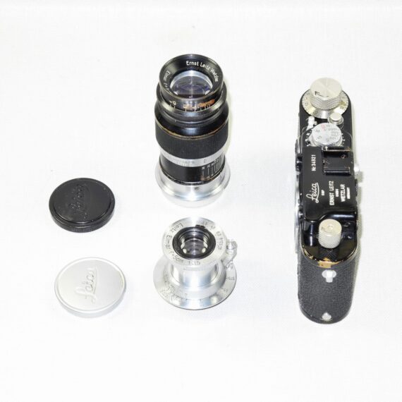 Leica I(A) Nr.34921 converted to Leica II black chrome with Leica 50mm & 90mm lenses nice Ex++ set. / Free shipping
