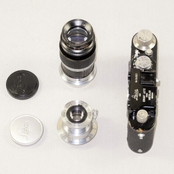 Leica I(A) Nr.34921 converted to Leica II black chrome with Leica 50mm & 90mm lenses nice Ex++ set. / Free shipping