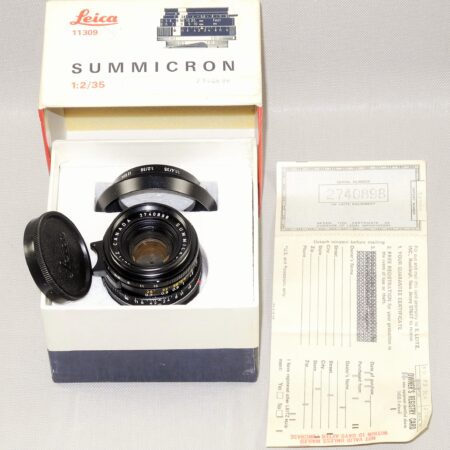Leica 35/2 Summicron-M with Leica original box,Leica metal hood,Leica caps, Leica lens warranty cards, Just CLA'd Mint/-  SOLD